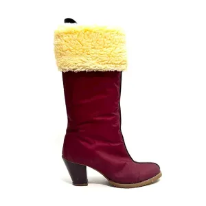 Vintage 1970s maroon nylon faux shearling fold over heeled winter snow boots