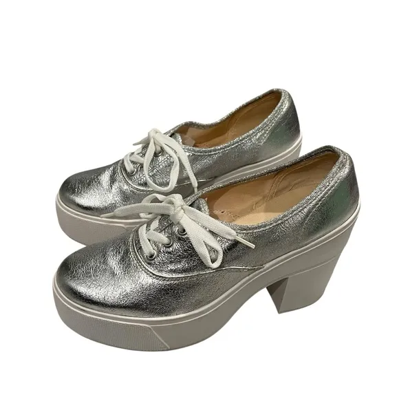 Vintage Bakers Silver Metallic Platform Lace-Up Chunky Heel Shoes, Sz 7.5