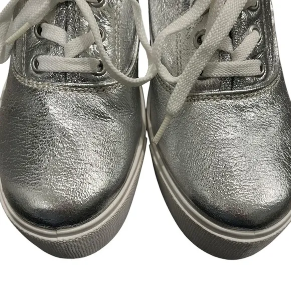 Vintage Bakers Silver Metallic Platform Lace-Up Chunky Heel Shoes, Sz 7.5