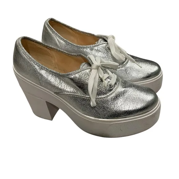 Vintage Bakers Silver Metallic Platform Lace-Up Chunky Heel Shoes, Sz 7.5