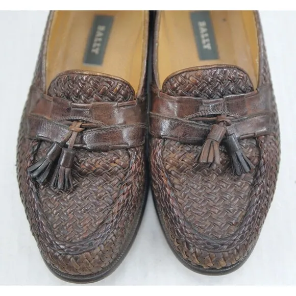Vintage Bally Woven Leather Lisbon Italy Dress Shoes Men size 7.5 Brown Loafers‎
