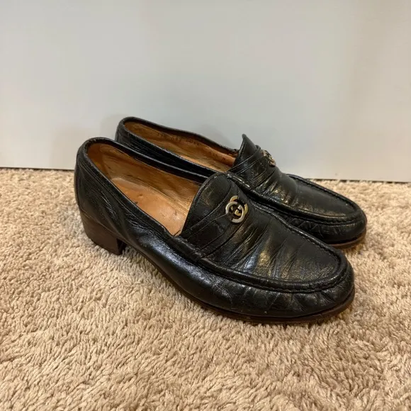 Vintage Gucci Loafers Block Heel Leather Dress Shoes Interlocking GG Black 41.5