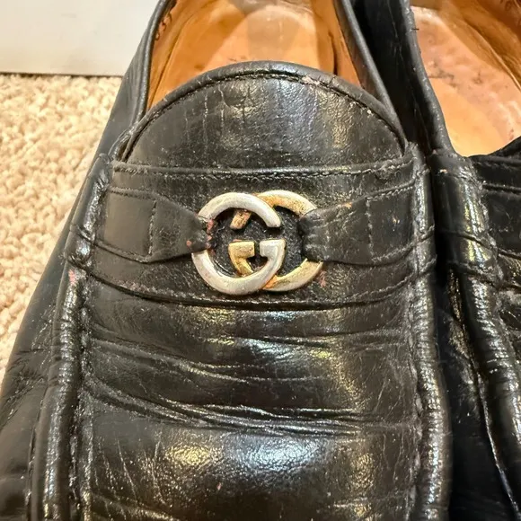 Vintage Gucci Loafers Block Heel Leather Dress Shoes Interlocking GG Black 41.5