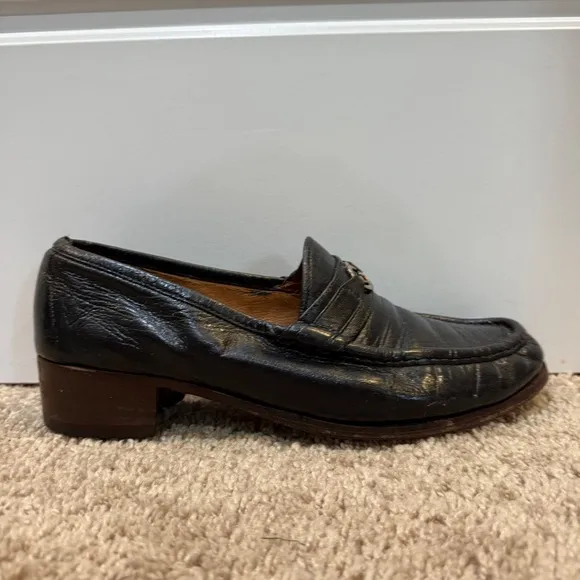 Vintage Gucci Loafers Block Heel Leather Dress Shoes Interlocking GG Black 41.5