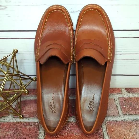 Vintage L.L. Bean Women's Leather Camel Penny Loafer Heels Preppy Academia 7.5