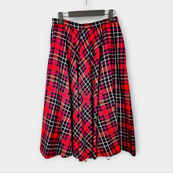 Vintage Lord &amp; Taylor Plaid 100% Wool A-Line High Waisted Pleated Midi Skirt 10