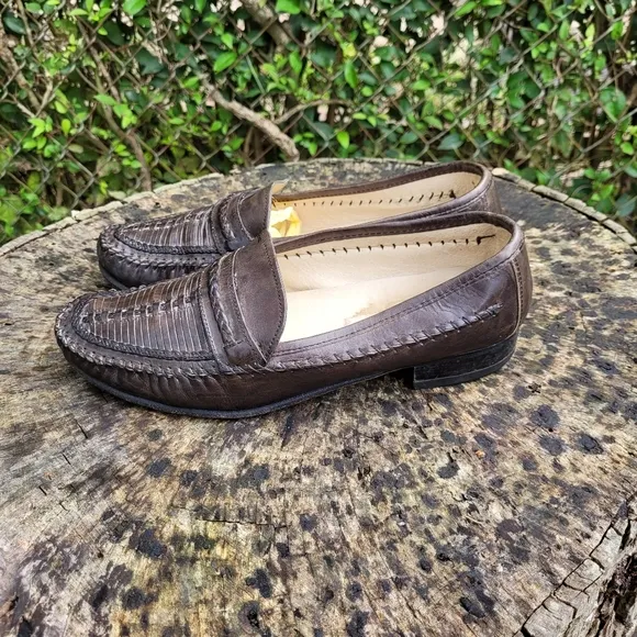 Vintage Men Dark Brown Woven Loafers Size 7.5M/Men Brown Shoes/Leather Slip On