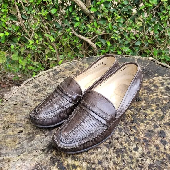 Vintage Men Dark Brown Woven Loafers Size 7.5M/Men Brown Shoes/Leather Slip On