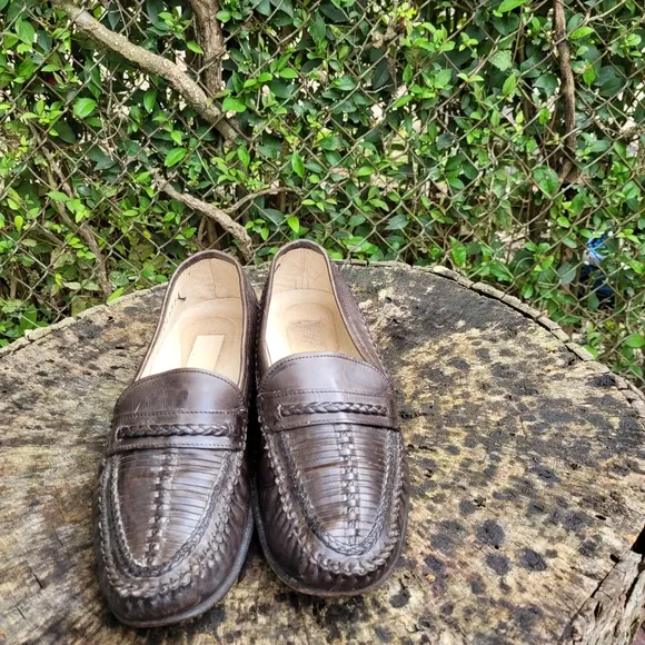 Vintage Men Dark Brown Woven Loafers Size 7.5M/Men Brown Shoes/Leather Slip On