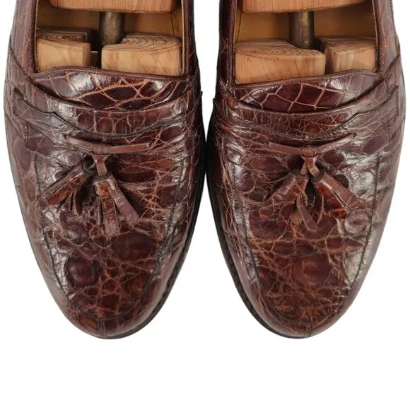 Vintage Mezlan Exotic Brown Crocodile Dress Shoes Mens 9.5M Tassel Loafers Spain