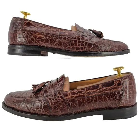 Vintage Mezlan Exotic Brown Crocodile Dress Shoes Mens 9.5M Tassel Loafers Spain