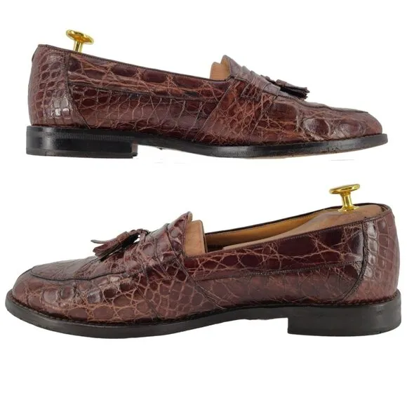 Vintage Mezlan Exotic Brown Crocodile Dress Shoes Mens 9.5M Tassel Loafers Spain