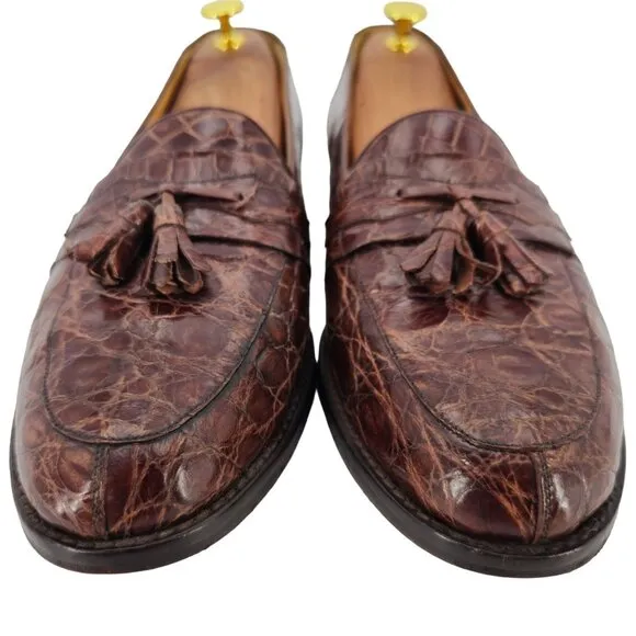 Vintage Mezlan Exotic Brown Crocodile Dress Shoes Mens 9.5M Tassel Loafers Spain