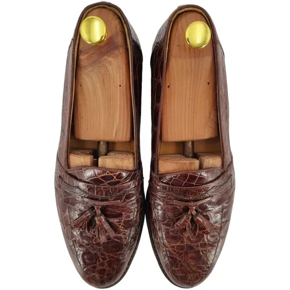 Vintage Mezlan Exotic Brown Crocodile Dress Shoes Mens 9.5M Tassel Loafers Spain