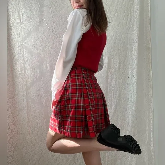 Vintage Paris Sport Club Red Plaid Pleated Skirt