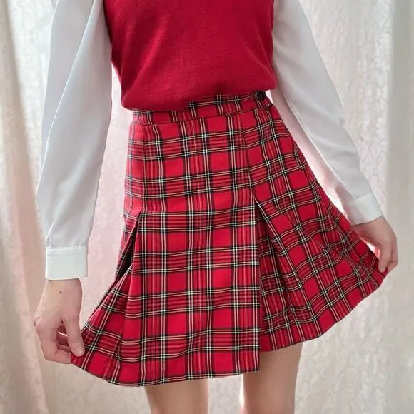 Vintage Paris Sport Club Red Plaid Pleated Skirt
