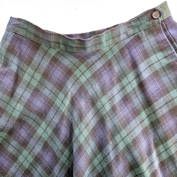 Vintage Ralph Lauren Tartan Plaid Wool Pleated High Waist A-Line Midi Skirt 10
