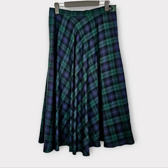 Vintage Ralph Lauren Tartan Plaid Wool Pleated High Waist A-Line Midi Skirt 10