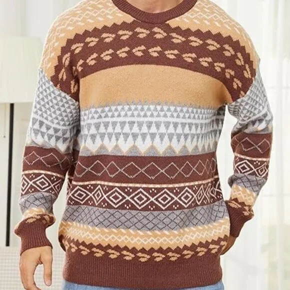 Vintage Style Fair Isle Scandi Sweater Striped Oversized Cozy Retro Boho XL