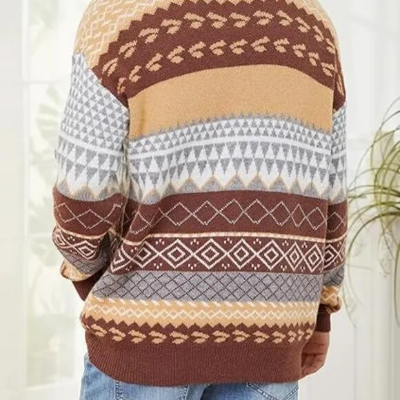 Vintage Style Fair Isle Scandi Sweater Striped Oversized Cozy Retro Boho XL