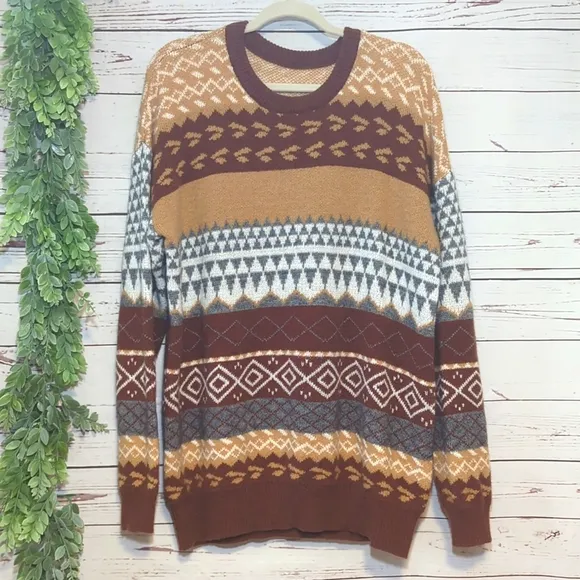 Vintage Style Fair Isle Scandi Sweater Striped Oversized Cozy Retro Boho XL