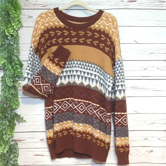 Vintage Style Fair Isle Scandi Sweater Striped Oversized Cozy Retro Boho XL