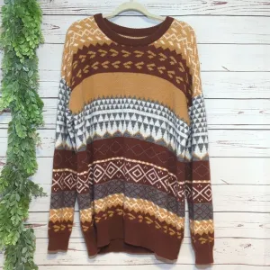 Vintage Style Fair Isle Scandi Sweater Striped Oversized Cozy Retro Boho XL