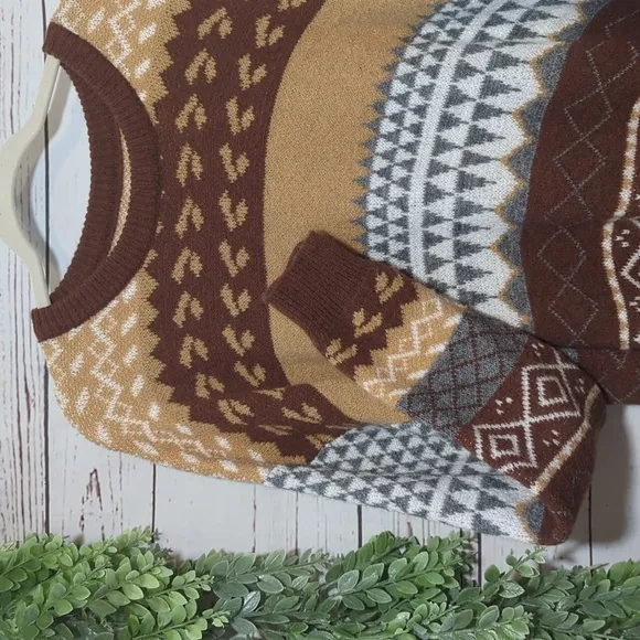 Vintage Style Fair Isle Scandi Sweater Striped Oversized Cozy Retro Boho XL