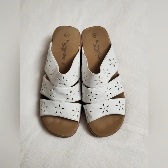 Vintage Y2K Montego Bay Club White Daisy Strappy Block Wedge Sandals Size 9.5