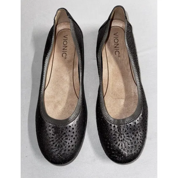 Vionic Robyn Pewter Perforated Metallic Leather Ballet Flats Women's Size 8.5