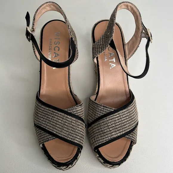 Viscata Empuria Canvas Espadrille Sandal Wedges black tan size 40 aka size 9