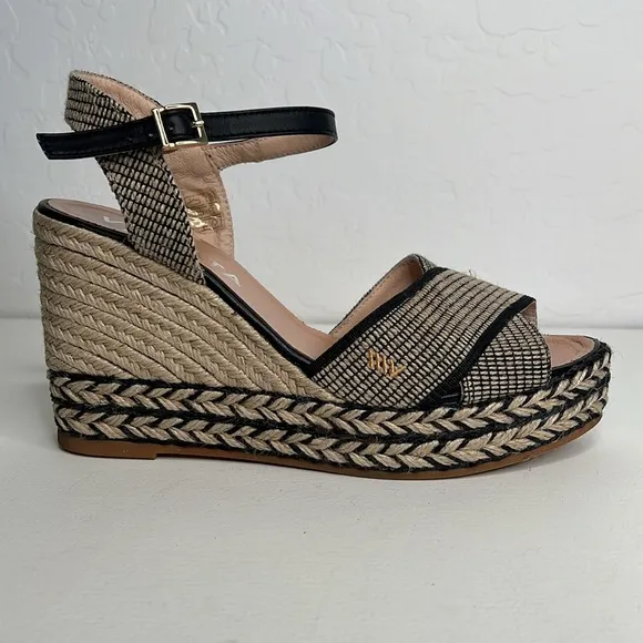 Viscata Empuria Canvas Espadrille Sandal Wedges black tan size 40 aka size 9