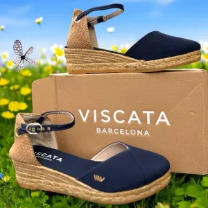 Viscata-NWT size 9.5 Navy blue Pubol Canvas Espadrille Wedges. Hand crafted. New