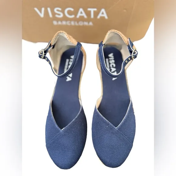 Viscata-NWT size 9.5 Navy blue Pubol Canvas Espadrille Wedges. Hand crafted. New