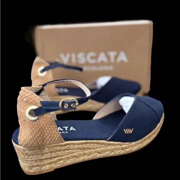 Viscata-NWT size 9.5 Navy blue Pubol Canvas Espadrille Wedges. Hand crafted. New