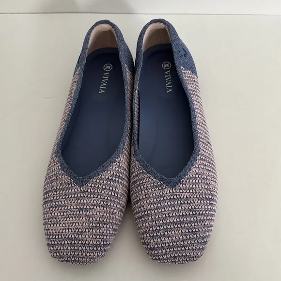 Vivaia Blue Pink Knit Stretch Comfort Ballet‎ Flats Square Toe Womens Size 40.5