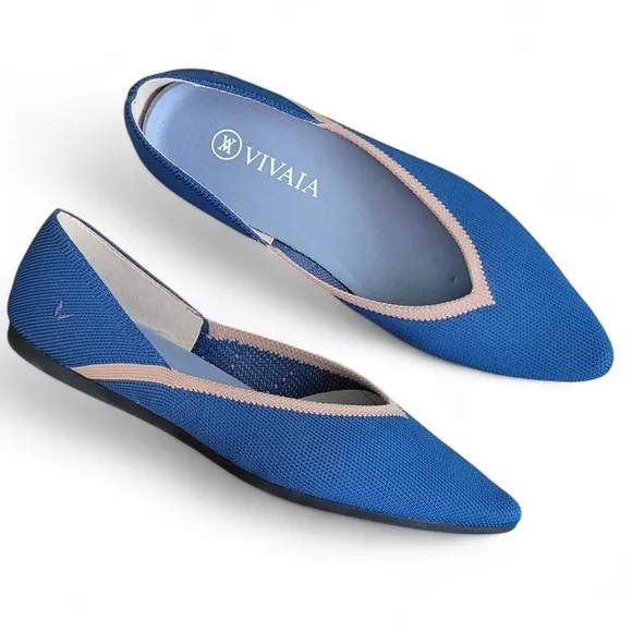 Vivaia Vienna Pointed Toe V Cut Flats Royal Blue and Tan EU Size 38.5 US…