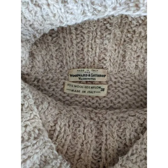 Vtg 70s Off White Boucle Italian Wool Rolled Cowl Neck Collar Knit Sweater