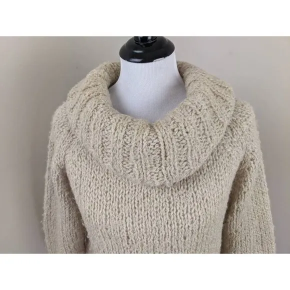 Vtg 70s Off White Boucle Italian Wool Rolled Cowl Neck Collar Knit Sweater