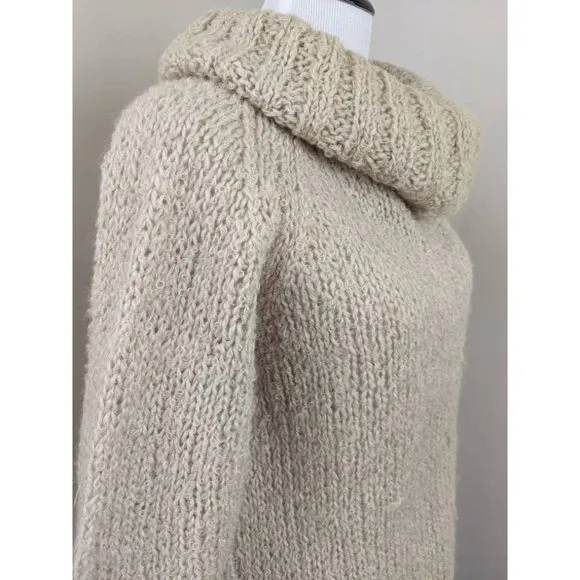 Vtg 70s Off White Boucle Italian Wool Rolled Cowl Neck Collar Knit Sweater