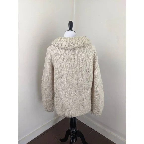 Vtg 70s Off White Boucle Italian Wool Rolled Cowl Neck Collar Knit Sweater
