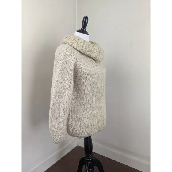 Vtg 70s Off White Boucle Italian Wool Rolled Cowl Neck Collar Knit Sweater
