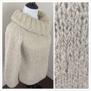 Vtg 70s Off White Boucle Italian Wool Rolled Cowl Neck Collar Knit Sweater