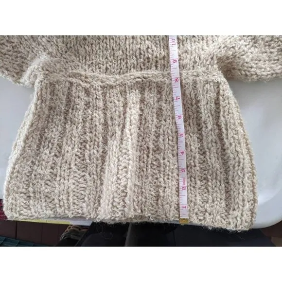 Vtg 70s Off White Boucle Italian Wool Rolled Cowl Neck Collar Knit Sweater