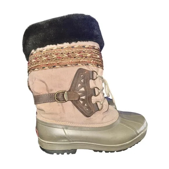 Vtg Sorel Snow Boots Women's Size 10 Tan Leather Faux Fur Trim Lined Winter Shoe