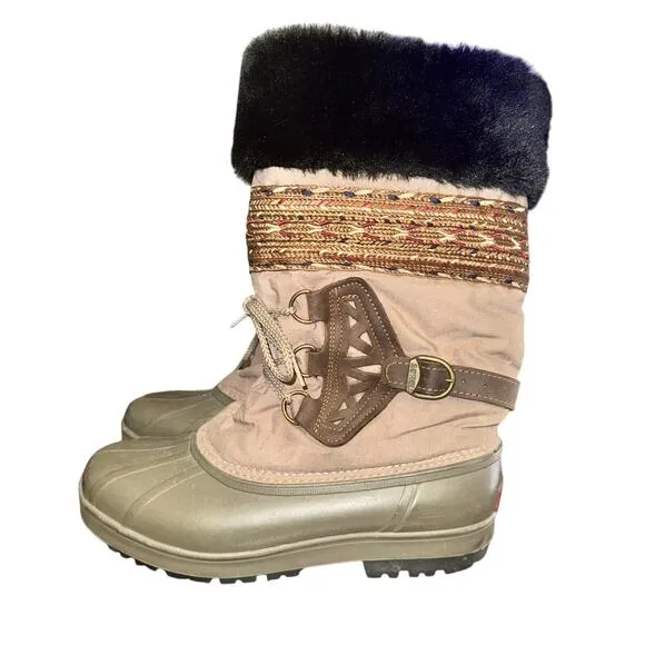Vtg Sorel Snow Boots Women's Size 10 Tan Leather Faux Fur Trim Lined Winter Shoe