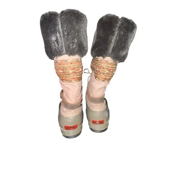 Vtg Sorel Snow Boots Women's Size 10 Tan Leather Faux Fur Trim Lined Winter Shoe