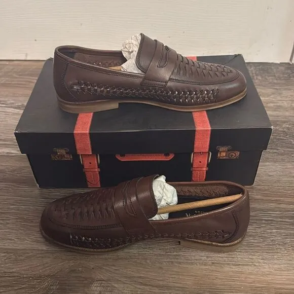 Walk London Men's Arrow Penny Woven Loafers Cow Swiss Brown Leather Size 8