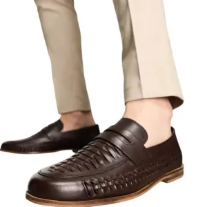 Walk London Men's Arrow Penny Woven Loafers Cow Swiss Brown Leather Size 8