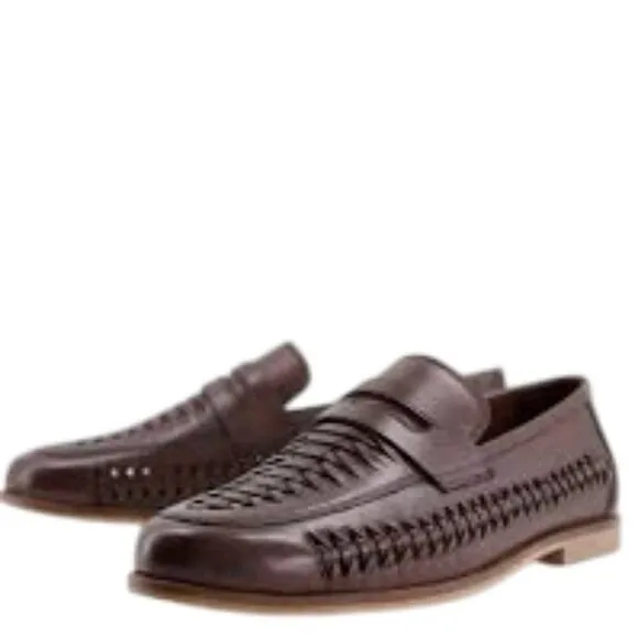 Walk London Men's Arrow Penny Woven Loafers Cow Swiss Brown Leather Size 8